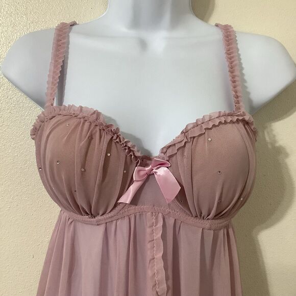 Native Pink Coquette Dollette Rhinestone Romantic Babydoll Ruffle Slip 36C - Picture 2 of 11